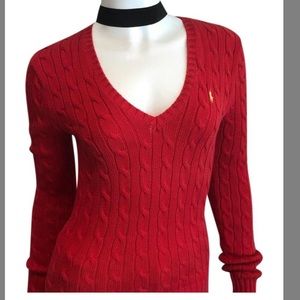 Ralph Lauren V neck classic cable knit sweater red